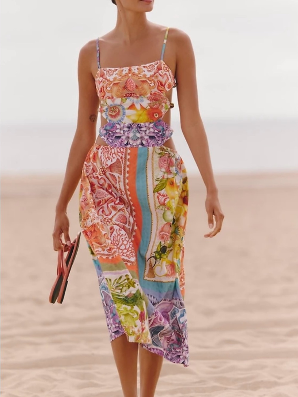 Celandine x Emily Carter Beaded Patchwork Spaghetti-Strap Midi Dress